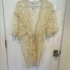 Tea Collection Sheer Floral Kimono - Cream and Gold